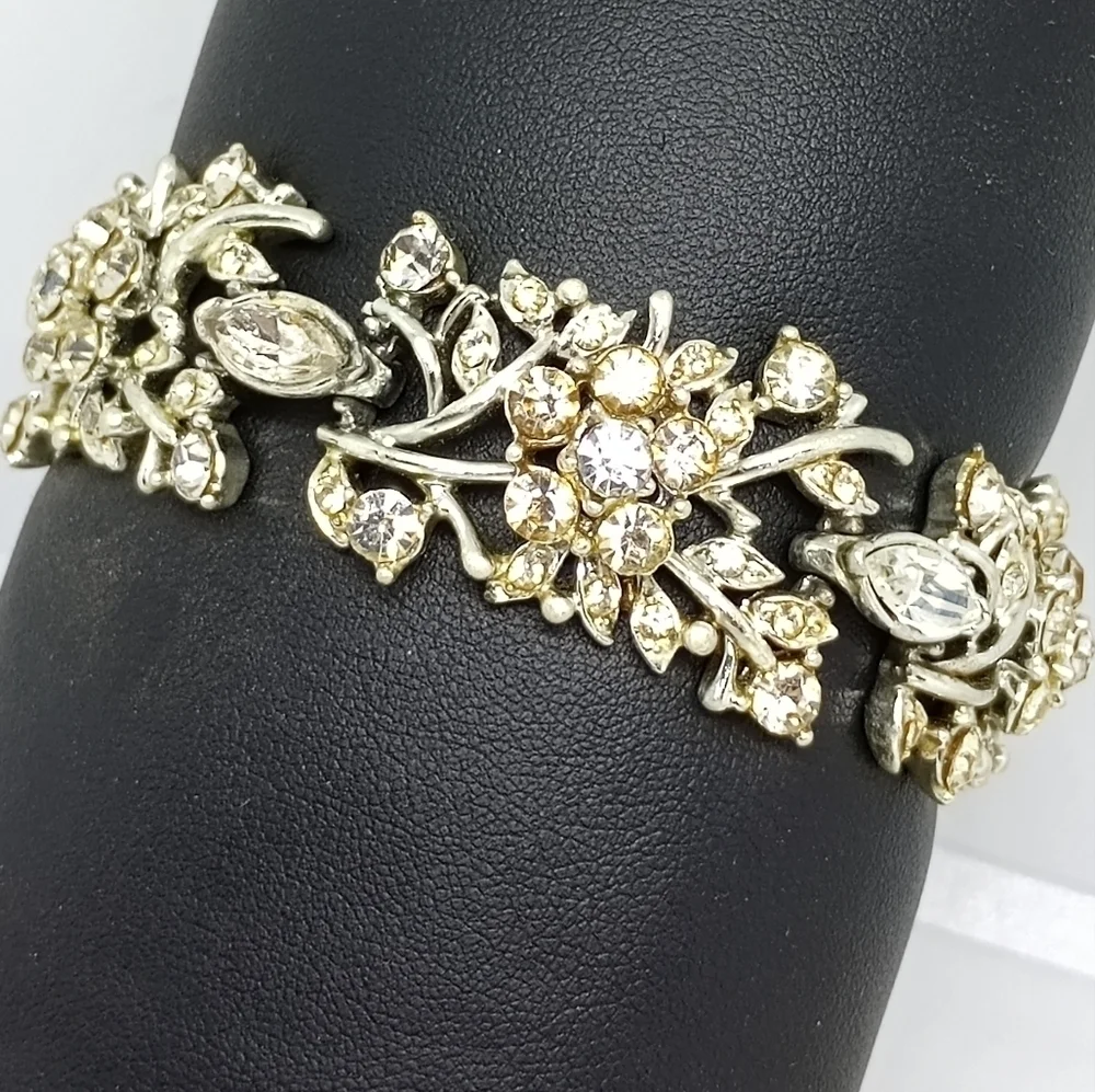 * vintage signed Coro wide clear rhinestones flowers bracelet